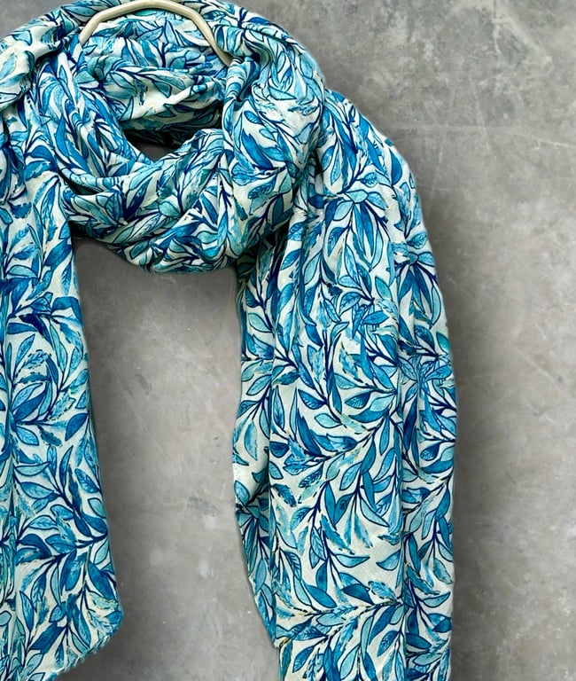Chic Sketched Small Leaves Blue Scarf with Gold Flakes,Great Gifts for Women