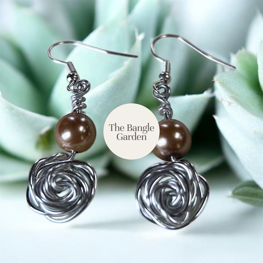Wire wrapped Rose & Brown Pearlised Bead Earrings