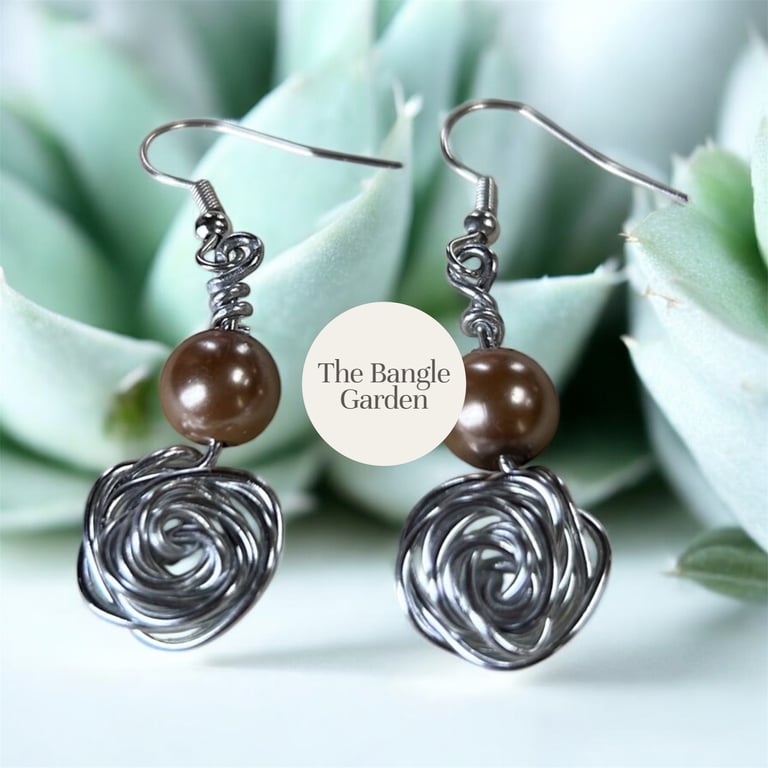 Wire wrapped Rose & Brown Pearlised Bead Earrings