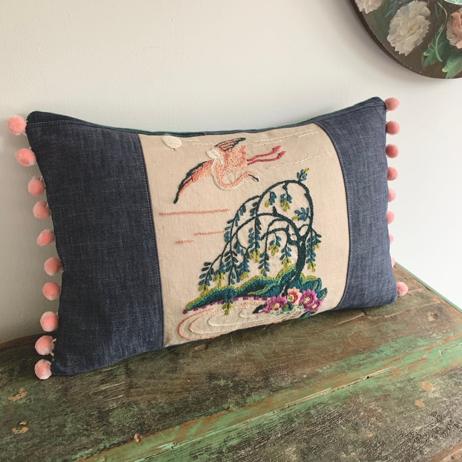 Vintage Flamingo Crewelwork cushion cover