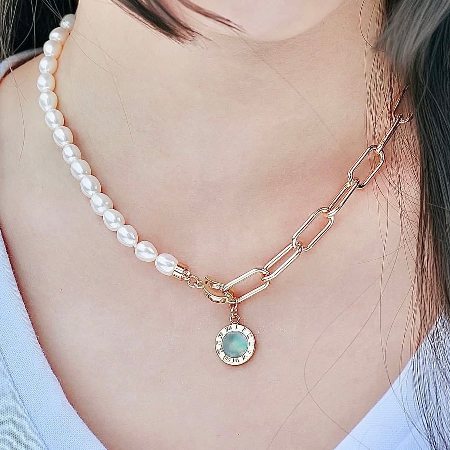 Freshwater Pearl and Abalone Shell Pendant with Gold Plated Chain