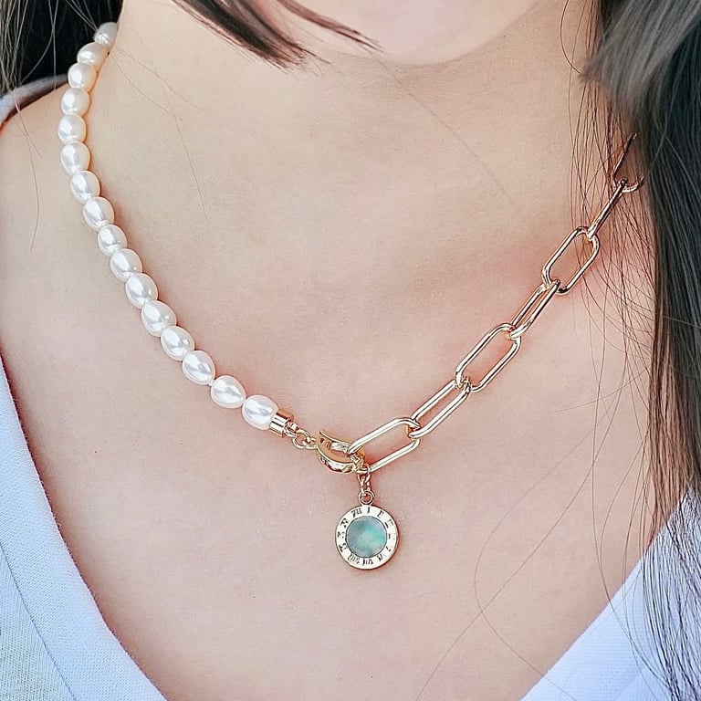 Freshwater Pearl and Abalone Shell Pendant with Gold Plated Chain
