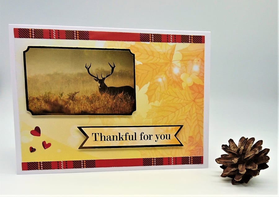 "Thankful for You" Handmade Card. Stag, Autumn Leaves and Tartan. FREE P&P to UK