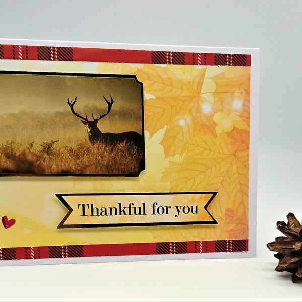 "Thankful for You" Handmade Card. Stag, Autumn Leaves and Tartan. FREE P&P to UK