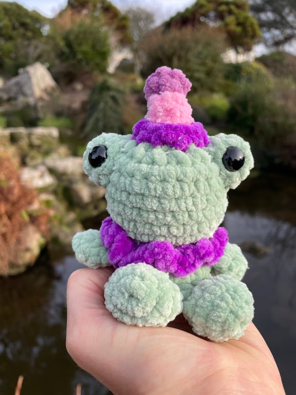 Handmade Crochet Birthday Frog Plushie: Soft Chenille Yarn