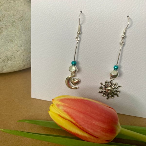 Silver Celestial Earrings with Turquoise Pearl  - Boho style, Dangle