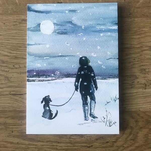 Pack of x10 WinterChristmas Greetings Cards, Walker and her Dog