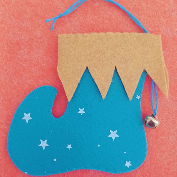 Handmade Elf Boot Christmas Blue and Yellow