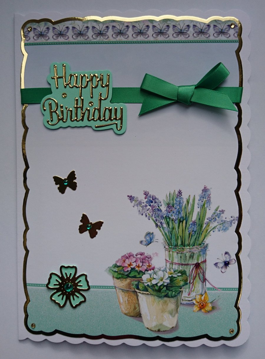 Birthday Card Happy Birthday Spring Flower Pots and Butterflies