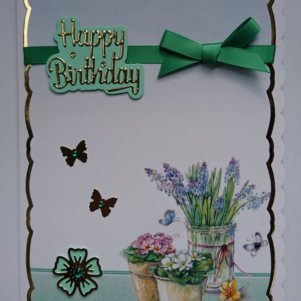 Birthday Card Happy Birthday Spring Flower Pots and Butterflies