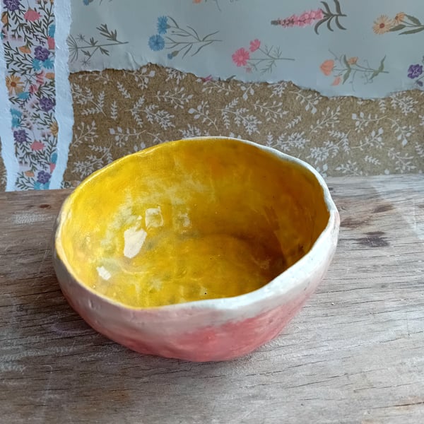 Earthenware pottery painted bowl rustic organic shape yellow red pinch pot