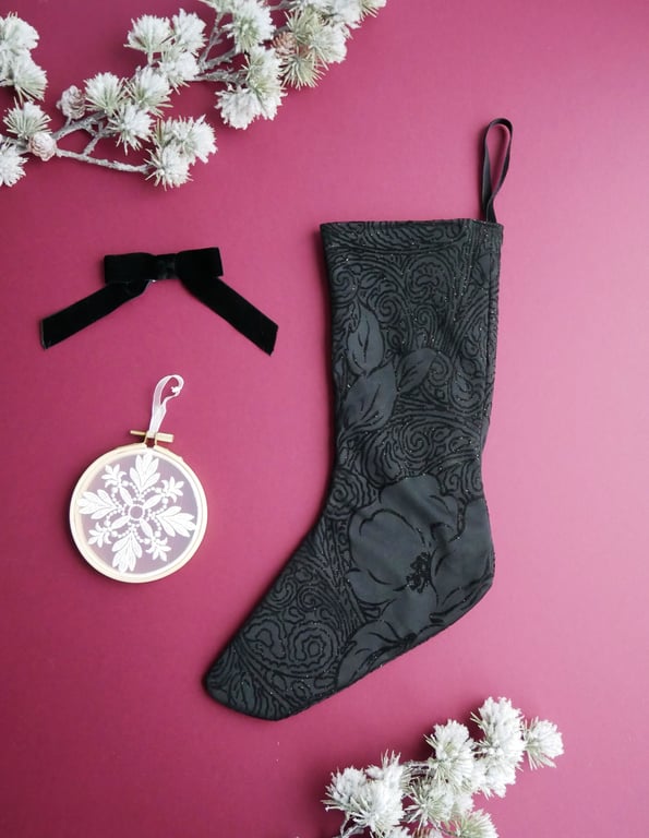 Black Poinsettia Christmas Stocking with Glitter Detail - Medium