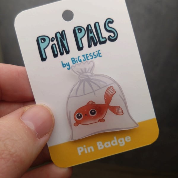 Goldfish in a bag pin badge