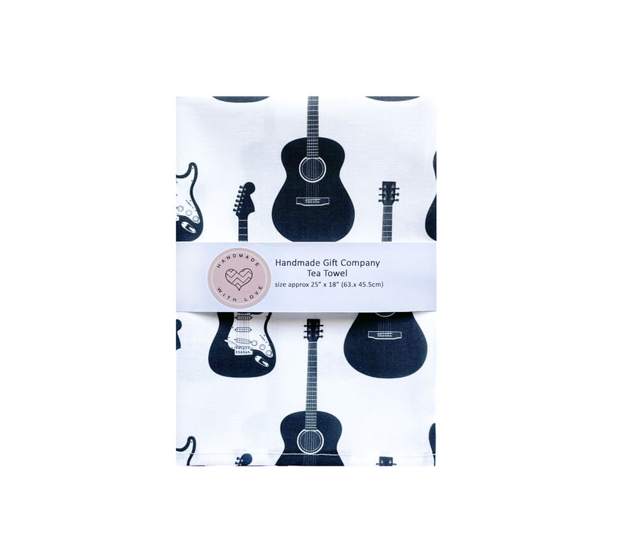 Fabric Handmade Pretty Cotton Tea Towel with a Black-White Guitar Design.