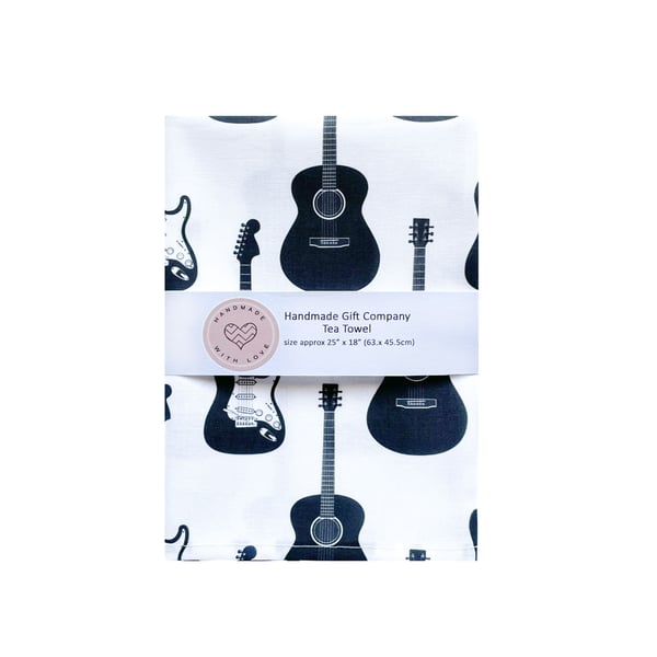 Fabric Handmade Pretty Cotton Tea Towel with a Black-White Guitar Design.