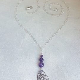 Gorgeous Amethyst Bead, Heart Charm & Chain Necklace.