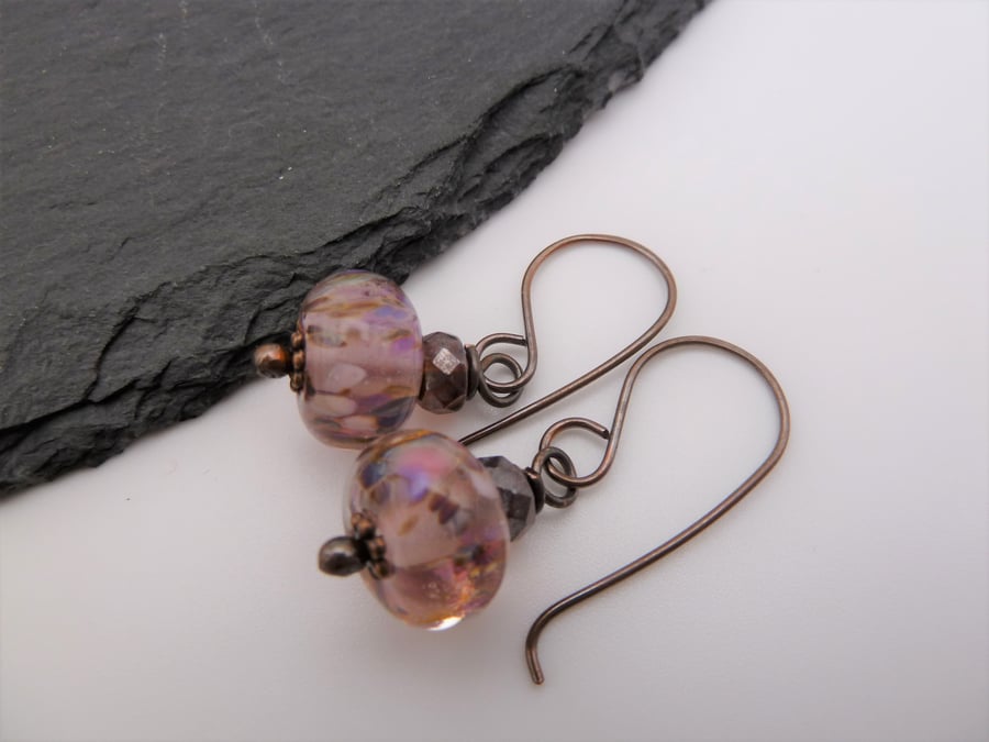 copper earrings, pink and purple lampwork glass beads