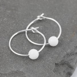 Boho 4mm White Jade Gemstone & 15mm Sterling Silver Hoop Earrings