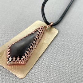 Silver Obsidian Prism Shaped Copper Pendant, Leather Cord Necklace, Dragon Glass