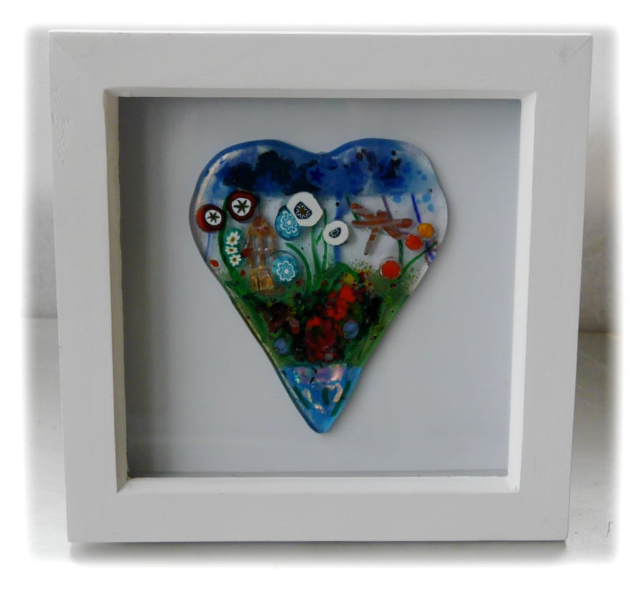 Flower Garden Heart in Box Frame Fused Glass Picture 007 Left House