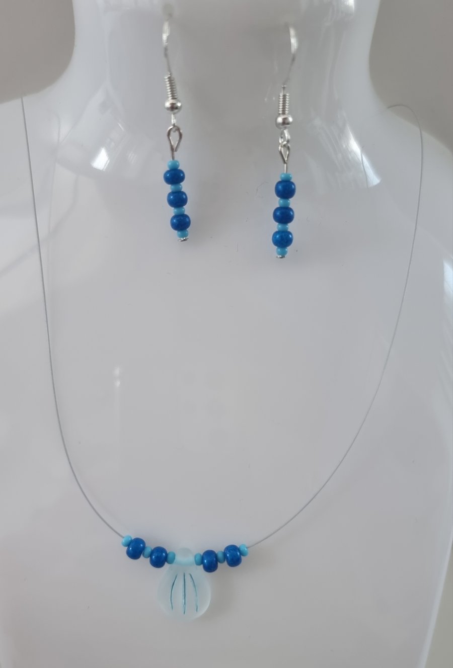 Light blue engraved Pip bead necklace and earrings set