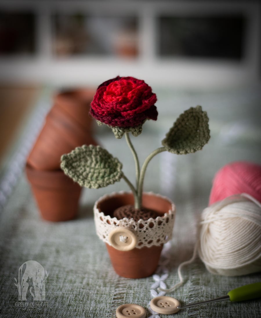 Carmine Red Ombre Crochet Rose in a small Terracotta Pot