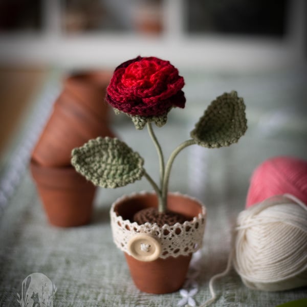 Carmine Red Ombre Crochet Rose in a small Terracotta Pot