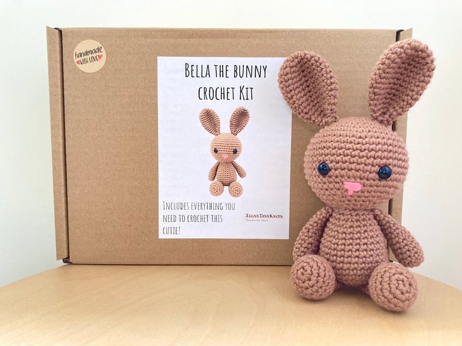 Crochet kit for a cute amigurumi animal toy - Bella the Bunny - DIY crafting kit