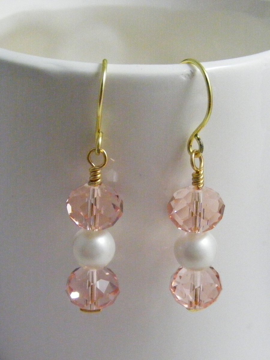 White shell Pearl and Salmon Crystal Earrings