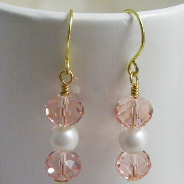 White shell Pearl and Salmon Crystal Earrings