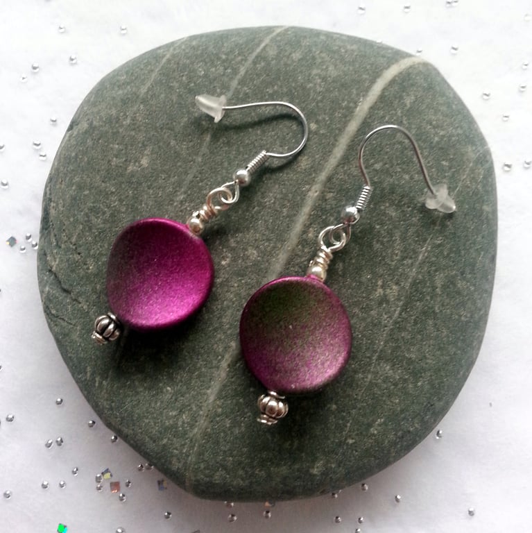 Magenta Disc Earrings - Metallic Pink Round Bead Drop Earrings