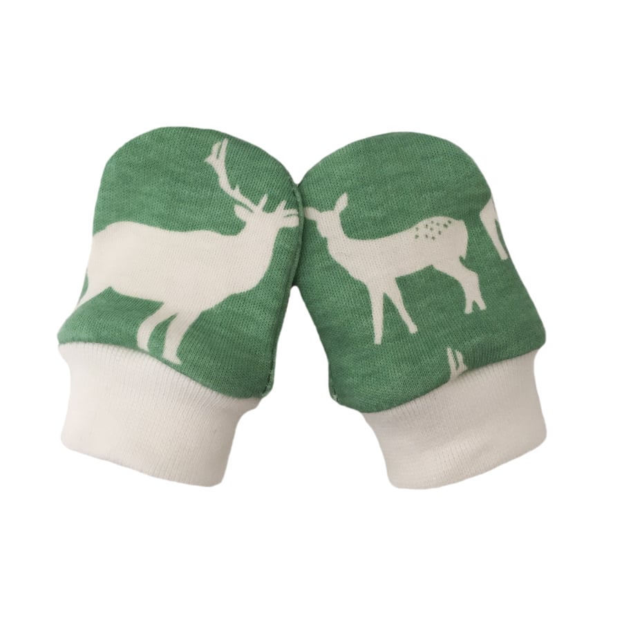 ORGANIC Baby SCRATCH MITTENS in POOL GREEN ELK FAMILY  A New Baby Gift Idea