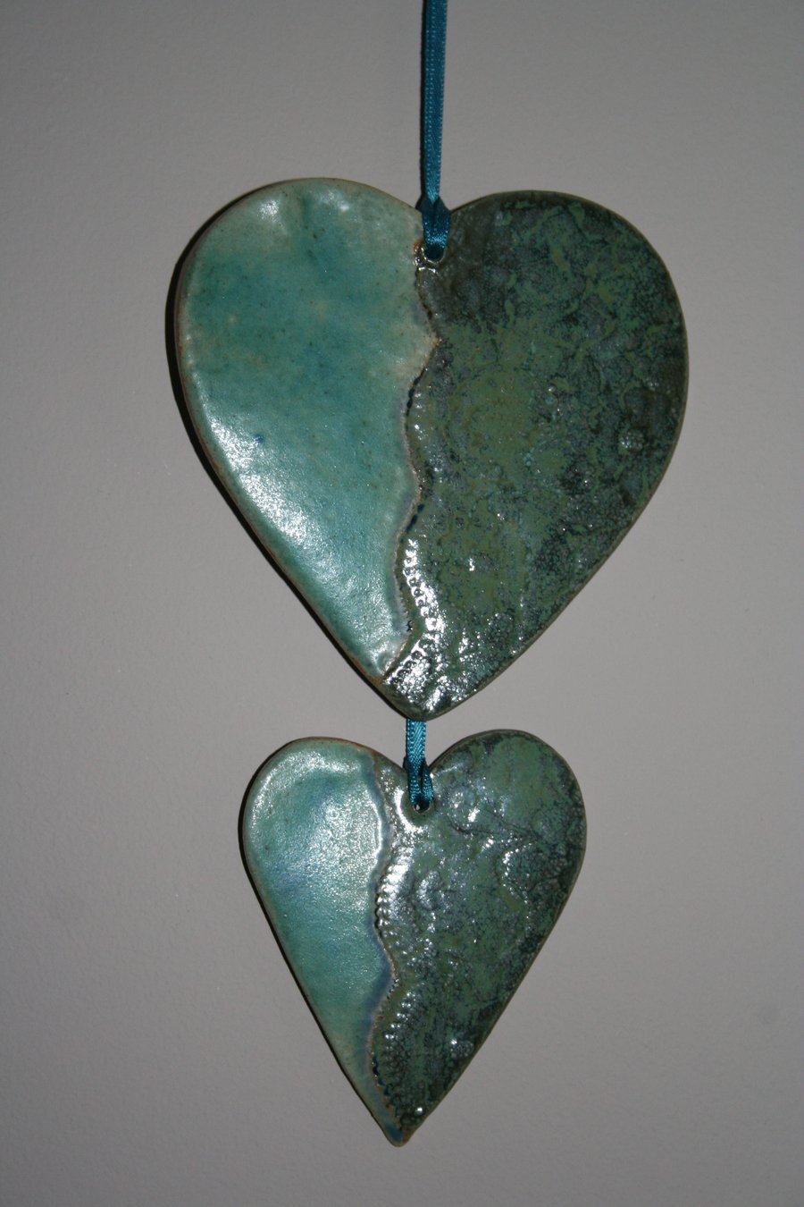Two heart Ceramic green & turquoise decoration