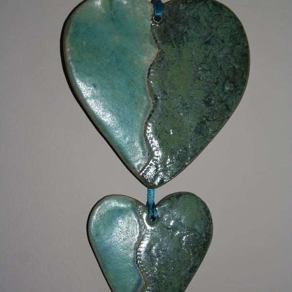 Two heart Ceramic green & turquoise decoration