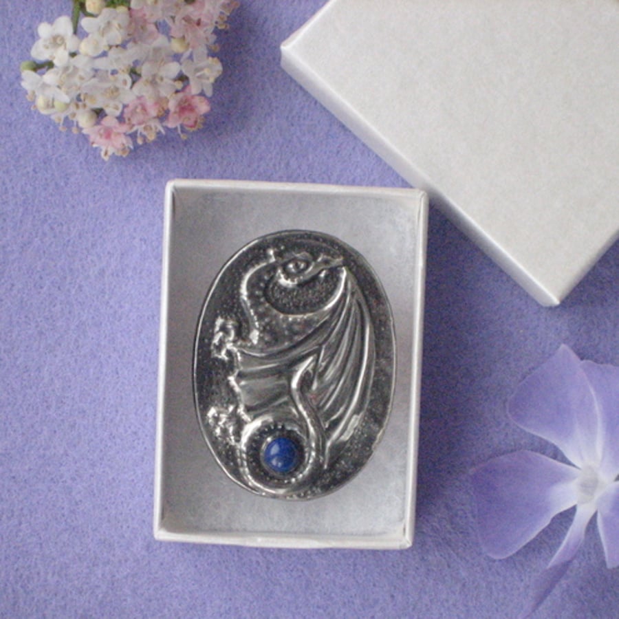 Reserved for Lisa.Dragon lapis brooch in pewter
