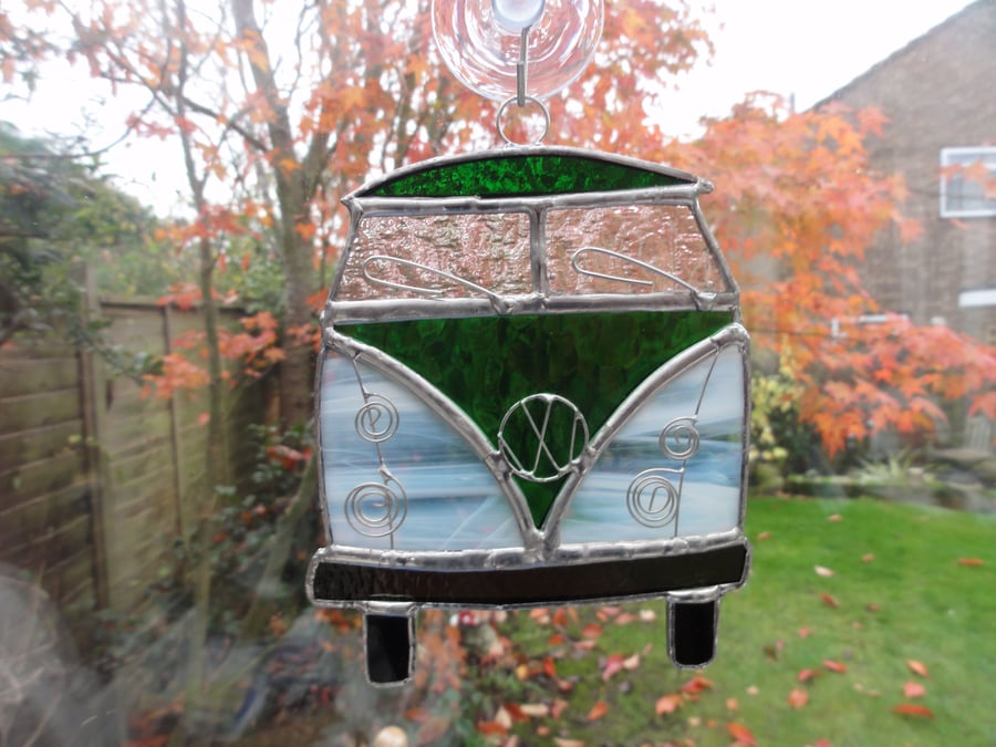 Stained Glass Camper Van Suncatcher - Green and White