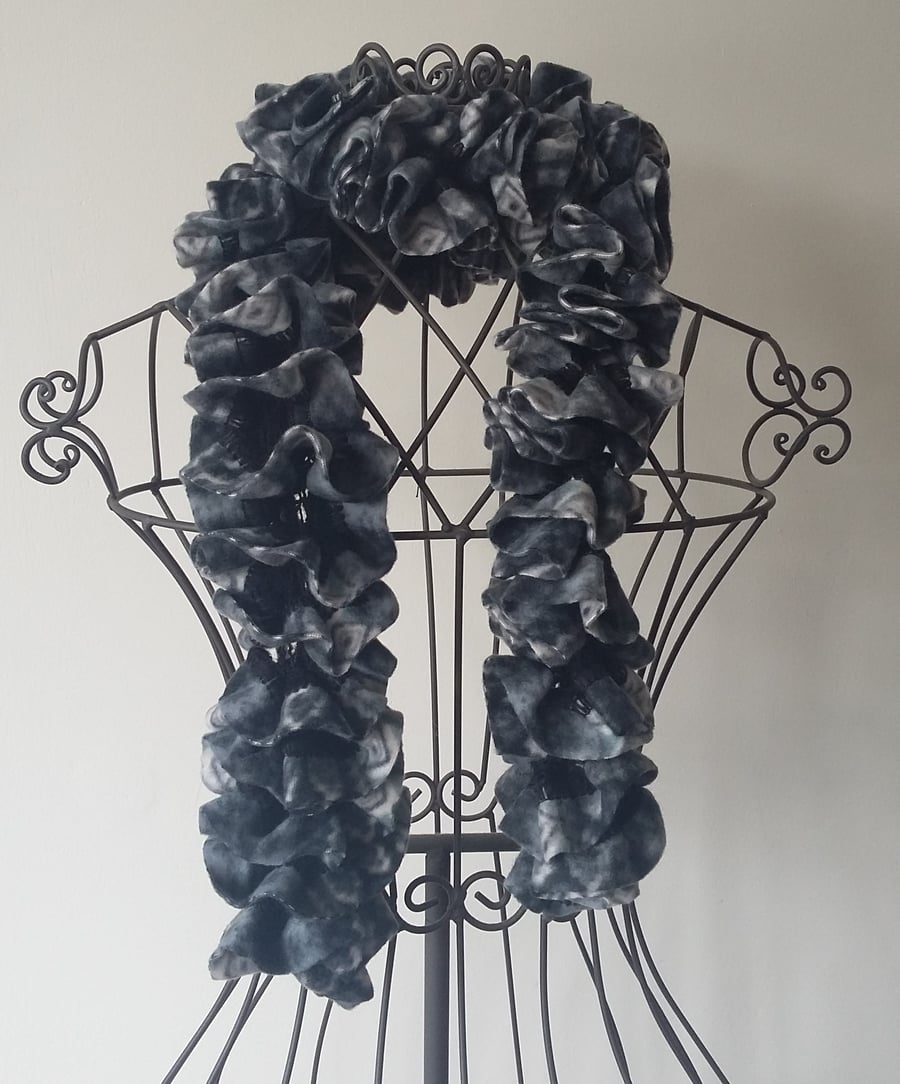 Hand Knitted Fleece Ruffle Scarf - Black, grey & cream mixed colours
