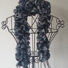 Hand Knitted Fleece Ruffle Scarf - Black, grey & cream mixed colours