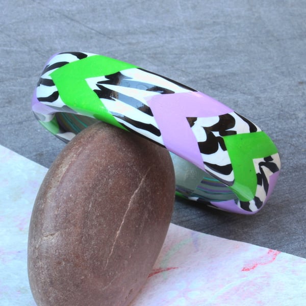 Designer Bangle - Lively Chevrons Handmade Polymer Clay Bangle - Art Jewellery