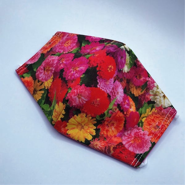 Zinias Floral Face Mask. Triple layered. 100 % Cotton Fabric.