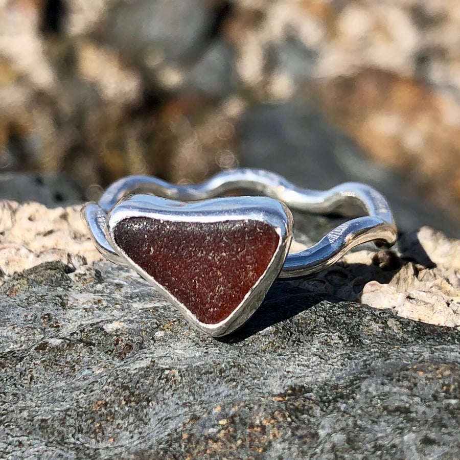 Dark Brown Sea Glass and Hammered Sterling Silver Ring - Size T.5 - 1146
