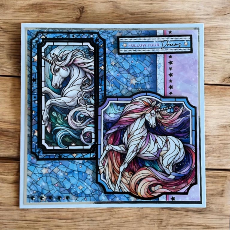 Magical Unicorn Stained Glass Handmade Card. 