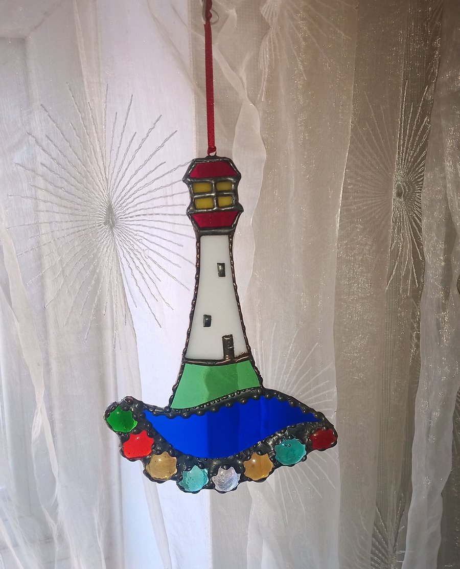 Lighthouse stained glass sun catcher hanging decoration
