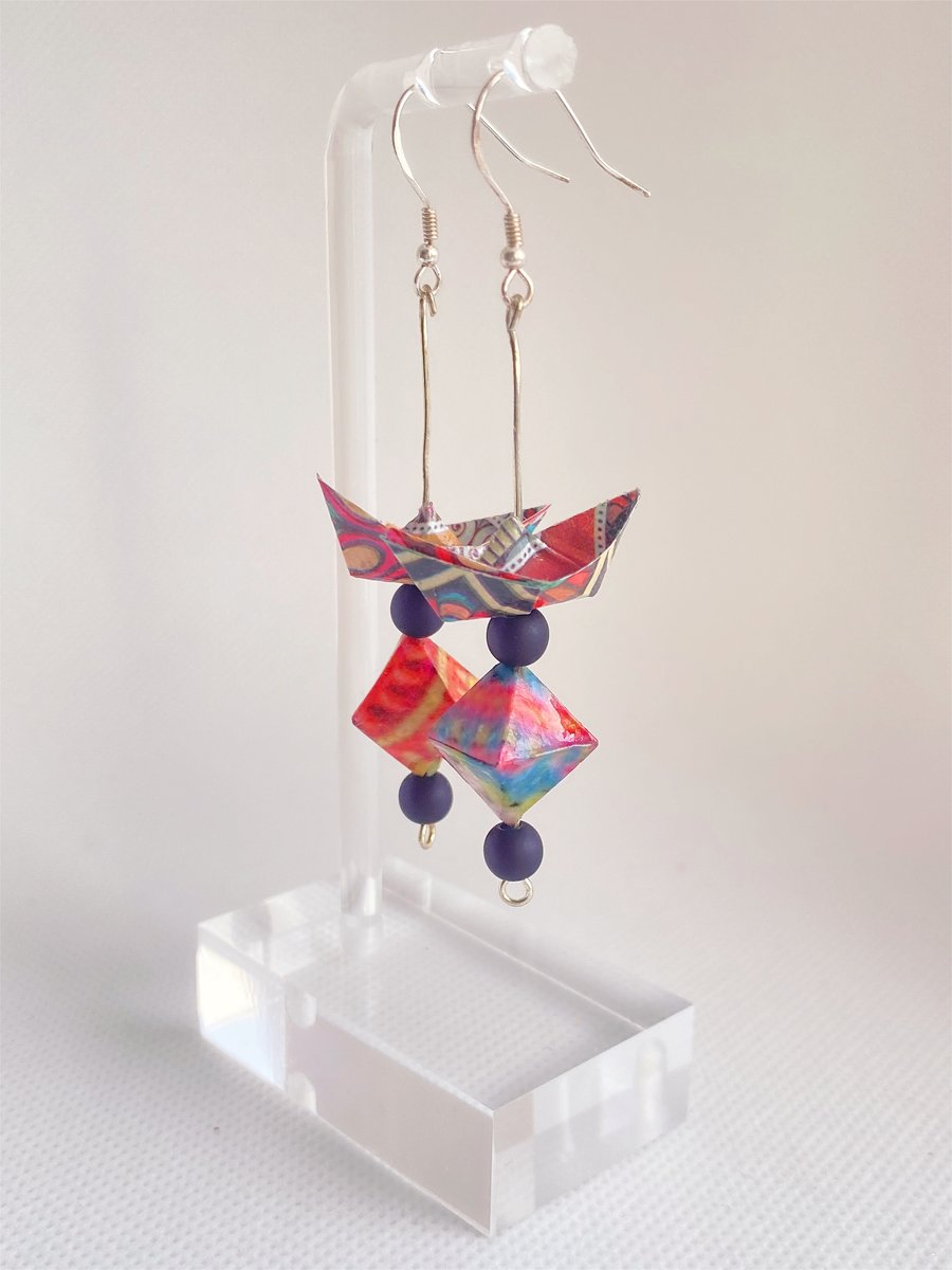 Paper Boat with Diamond Earrings, Origami Earrings, Earrings with Bead