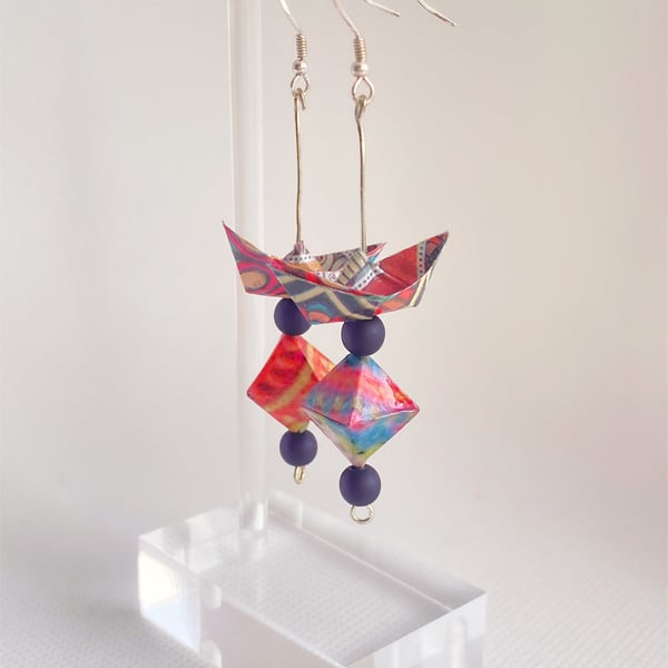 Paper Boat with Diamond Earrings, Origami Earrings, Earrings with Bead