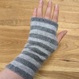 Stripey Grey Wrist Warmers Upcycled from Lambswool and Angora Cardigan