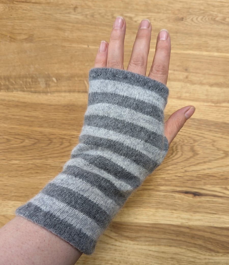 Stripey Grey Wrist Warmers Upcycled from Lambswool and Angora Cardigan