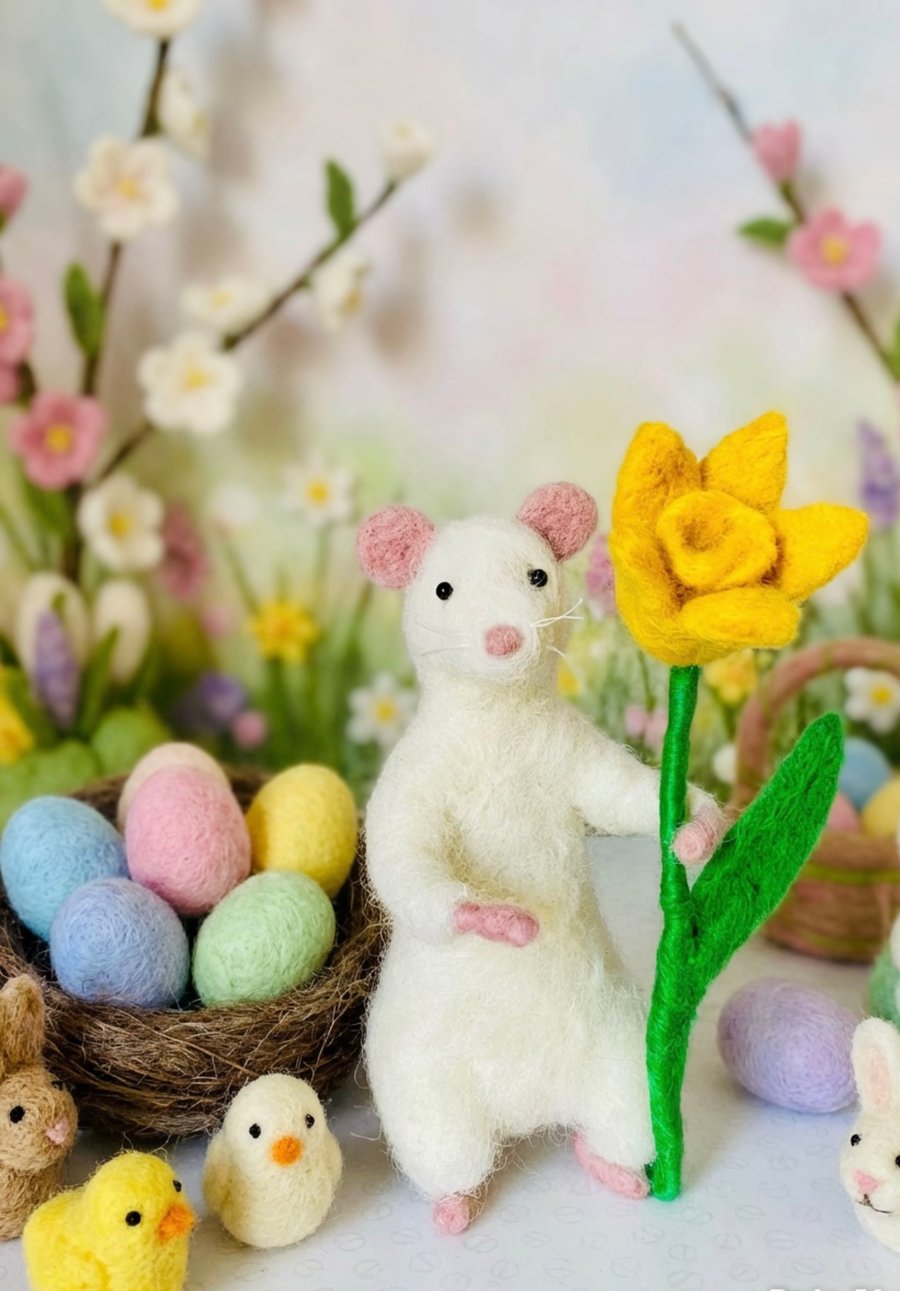 Spring easter posable felted mouse with flower accessory hand made gift