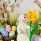 Spring easter posable felted mouse with flower accessory hand made gift