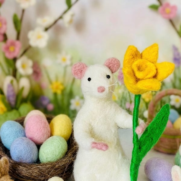 Spring easter posable felted mouse with flower accessory hand made gift